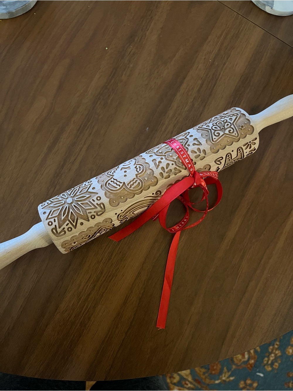 Embossed Pattern Wooden Rolling Pin with Red Ribbon